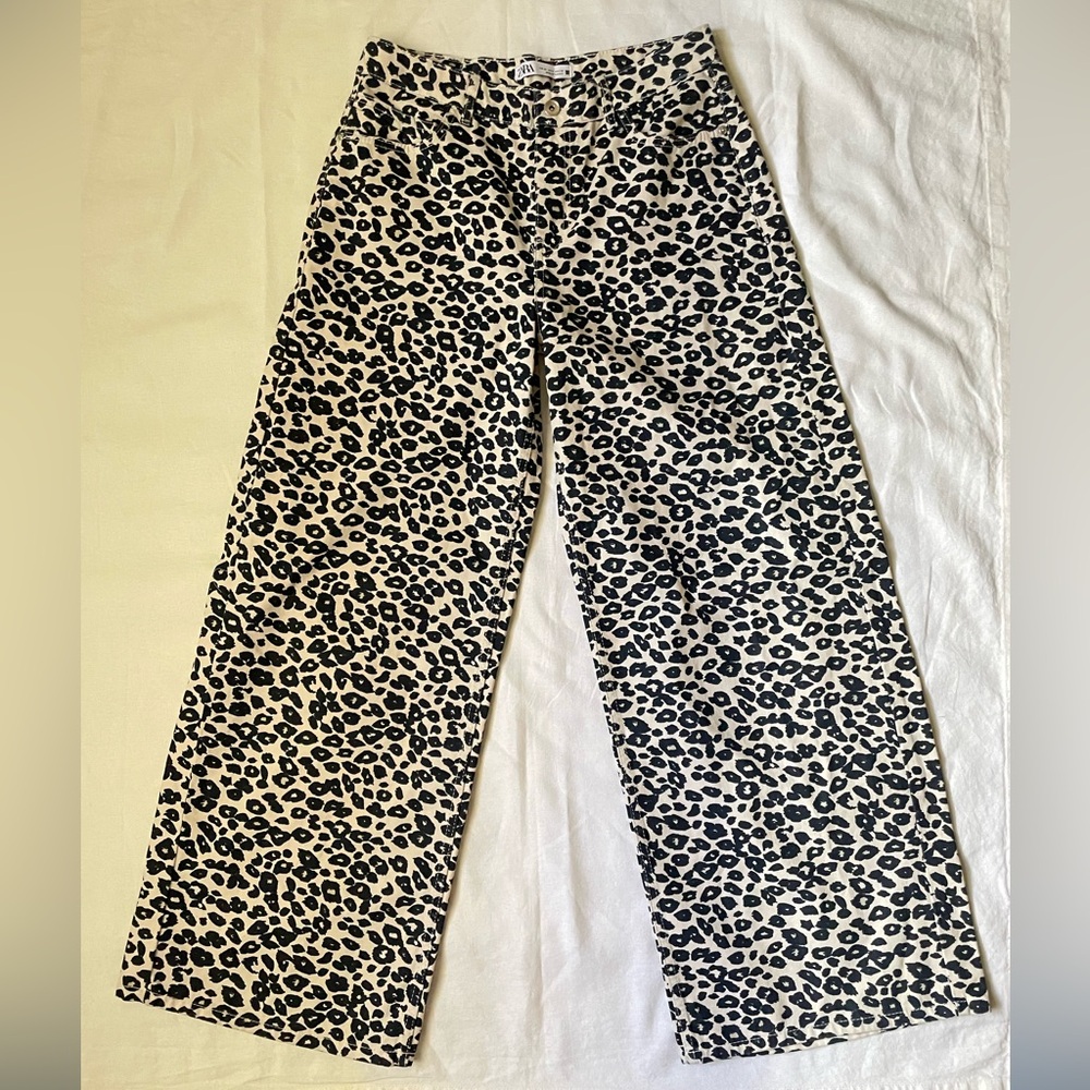 Zara Black and Cream Leopard Print Wide Leg Jeans